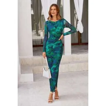 PRETTYGARDEN Women's Bodycon Maxi Dress Fall Fashion Long Sleeve Floral Print Tight Fitted Party Club Ruched Dresses (Green,X-Small)