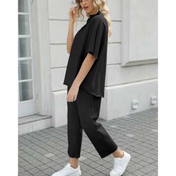 SeeLuNa Women's Two Piece Outfits 3/4 Batwing Sleeve Capelet Crew Neck Pullover Top Wide Leg Pants Lounge Set(Black,L)