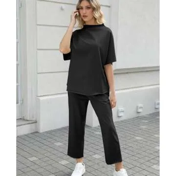 SeeLuNa Women's Two Piece Outfits 3/4 Batwing Sleeve Capelet Crew Neck Pullover Top Wide Leg Pants Lounge Set(Black,L)