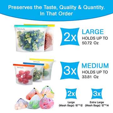 Reusable Silicone Food Storage Bags with Mesh Produce Bags (10-pack) Eco Friendly Food Storage Meal ...