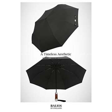 Balios (Designed in UK) Travel Umbrella Luxurious Golden Hardwood Handle Auto Open & Close Windproof Frame Single Canopy Automatic Folding Umbrella Men's & Ladies (Jet Black)