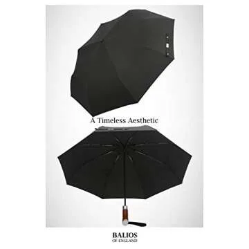 Balios (Designed in UK) Travel Umbrella Luxurious Golden Hardwood Handle Auto Open & Close Windproof Frame Single Canopy Automatic Folding Umbrella Men's & Ladies (Jet Black)