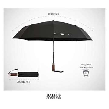 Balios (Designed in UK) Travel Umbrella Luxurious Golden Hardwood Handle Auto Open & Close Windproof Frame Single Canopy Automatic Folding Umbrella Men's & Ladies (Jet Black)