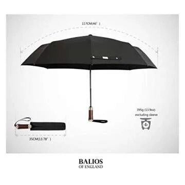 Balios (Designed in UK) Travel Umbrella Luxurious Golden Hardwood Handle Auto Open & Close Windproof Frame Single Canopy Automatic Folding Umbrella Men's & Ladies (Jet Black)