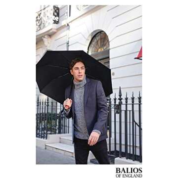 Balios (Designed in UK) Travel Umbrella Luxurious Golden Hardwood Handle Auto Open & Close Windproof Frame Single Canopy Automatic Folding Umbrella Men's & Ladies (Jet Black)