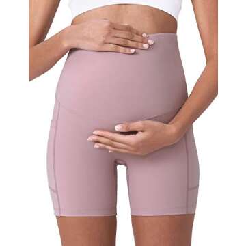 POSHDIVAH Women's Maternity Yoga Shorts Over The Belly Bump Summer Workout Running Active Short Pants with Pockets Pink 5" Medium