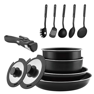 Abizoe Non-Stick Cookware Set - Space-Saving, Removable Handles, 12-Piece