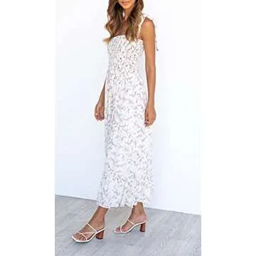 Imily Bela Womens Summer Dress Tie Strap Boho Floral Beach Dress Square Neck Ruffle Sun Dresses A Line Smocked Maxi Dress White