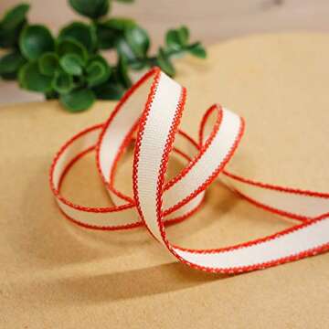 CT CRAFT LLC Ivory Cotton Red Stripes Ribbon 3/8" x 10 Yards for Home Décor Gift Present Wrapping DIY Crafts Birthday Wedding Bouquet Christmas