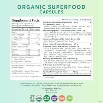 PURE SYNERGY Superfood Capsules | Organic Superfood & Greens Supplement | Whole Food Capsules with S...