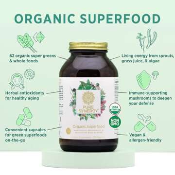 PURE SYNERGY Superfood Capsules | Organic Superfood & Greens Supplement | Whole Food Capsules with Super Greens, Spirulina, & Mushrooms | for Energy, Healthy Aging & Immune Health (270 Capsules)