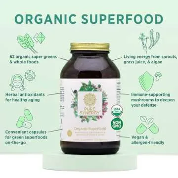 PURE SYNERGY Superfood Capsules | Organic Superfood & Greens Supplement | Whole Food Capsules with Super Greens, Spirulina, & Mushrooms | for Energy, Healthy Aging & Immune Health (270 Capsules)