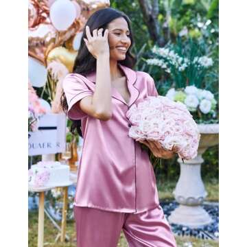 Ekouaer Silk Satin Pajamas Set Women Short Sleeve Sleepwear Soft Button Down Loungewear Pjs Set Purple Pink