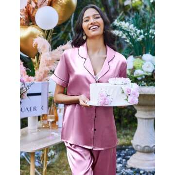 Ekouaer Silk Satin Pajamas Set Women Short Sleeve Sleepwear Soft Button Down Loungewear Pjs Set Purple Pink