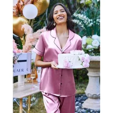 Ekouaer Silk Satin Pajamas Set Women Short Sleeve Sleepwear Soft Button Down Loungewear Pjs Set Purple Pink