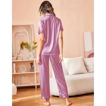 Ekouaer Silk Satin Pajamas Set Women Short Sleeve Sleepwear Soft Button Down Loungewear Pjs Set Purple Pink