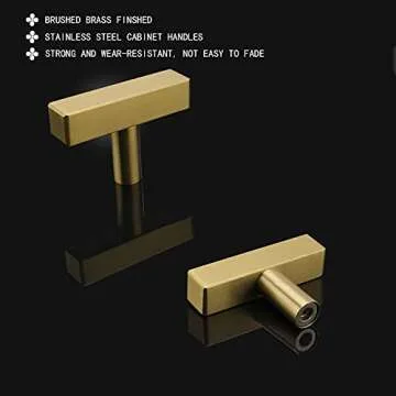 goldenwarm 5Pack Brushed Brass Cabinet Knobs Kitchen Cabinet Hardware Knobs - LS1212GD Square T Bar Gold Cupboard Door Handles Gold Knobs for Dresser Drawers Single Hole 2" Overall Length