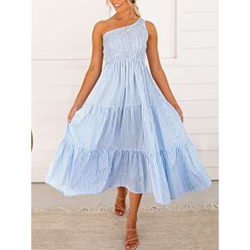ANRABESS Women's 2024 Summer Bohemian One Shoulder Sleeveless Smocked Ruffle Tiered Beach Maxi Sun Dress Stripe Blue Medium