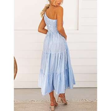 ANRABESS Women's 2024 Summer Bohemian One Shoulder Sleeveless Smocked Ruffle Tiered Beach Maxi Sun Dress Stripe Blue Medium