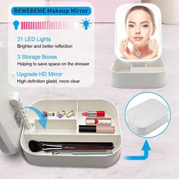 BEWEBEME Makeup Mirror with Lights and Storage - Touch Control Design LED Lighted Makeup Mirror Cosmetic Case, Folding Makeup Case with Storage Box for Travel
