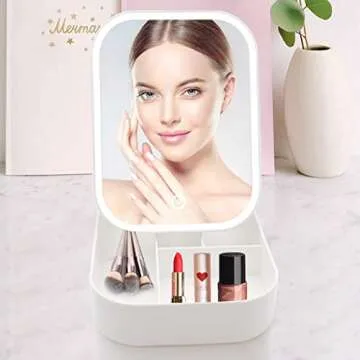 BEWEBEME Makeup Mirror with Lights and Storage - Touch Control Design LED Lighted Makeup Mirror Cosmetic Case, Folding Makeup Case with Storage Box for Travel