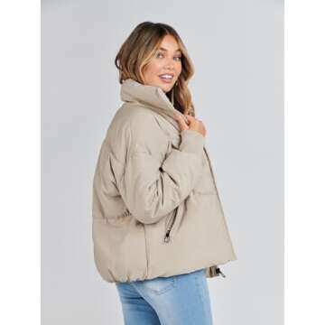 MEROKEETY Women's 2024 Winter Long Sleeve Zip Puffer Jacket Baggy Short Coats, Beige, L