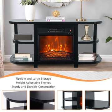 COMEFFIE 48" TV Stand with 18" Electric Fireplace Heater, Modern TV Stand for TVs up to 55 Inch, Entertainment Media Stand with Open Shelves and Storage Cabinets for Living Room, Bedroom (Black)
