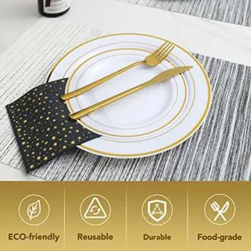 YOUTHSHIP 100 Pcs Plastic Plates With Gold Rim 50 Pcs Dinner Plates 10.25 Inch 50 Pcs Salad Plates 7.5 Inch Elegant Fancy Heavy Duty For Wedding Birthday Party BBQ Picnic Holiday Party