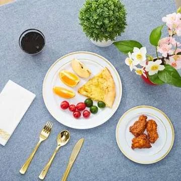 YOUTHSHIP 100 Pcs Plastic Plates With Gold Rim 50 Pcs Dinner Plates 10.25 Inch 50 Pcs Salad Plates 7.5 Inch Elegant Fancy Heavy Duty For Wedding Birthday Party BBQ Picnic Holiday Party