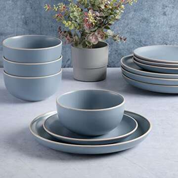 Gibson Home Rockaway Round Stoneware Dinnerware Set, Service for 4 (12pcs), Blue