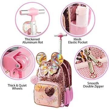 Stylish 16 Inch Rolling Backpack for Kids - 3 in 1 Set