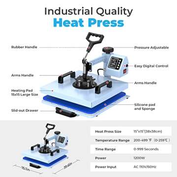 Pro 15x15 Heat Press with 30 OZ Tumbler Attachment, 5in1 Combo Tumbler Heat Press for T-Shirts, Tumblers Glass Cans Mugs Hats, and Plates