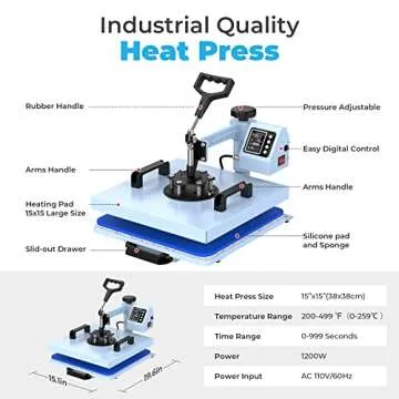Pro 15x15 Heat Press with 30 OZ Tumbler Attachment, 5in1 Combo Tumbler Heat Press for T-Shirts, Tumblers Glass Cans Mugs Hats, and Plates