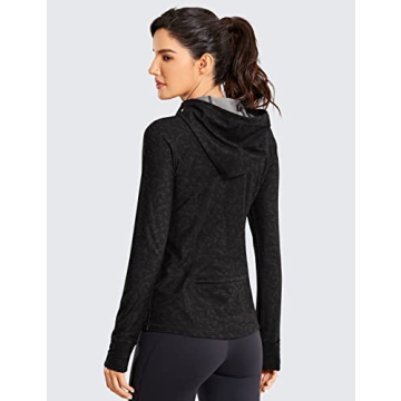 CRZ YOGA Women's Brushed Full Zip Hoodie Jacket Sportswear Hooded Workout Track Running Jacket with Zip Pockets Olive Leopard Grain Small