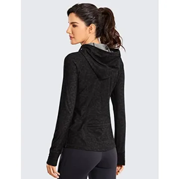 CRZ YOGA Women's Brushed Full Zip Hoodie Jacket Sportswear Hooded Workout Track Running Jacket with Zip Pockets Olive Leopard Grain Small