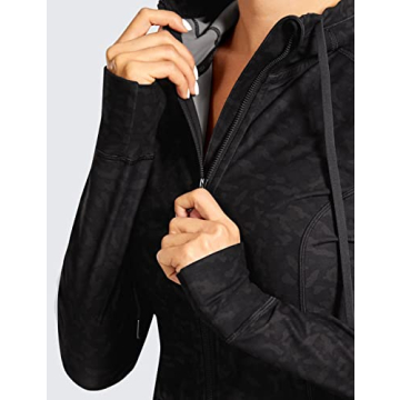 CRZ YOGA Women's Brushed Full Zip Hoodie Jacket Sportswear Hooded Workout Track Running Jacket with Zip Pockets Olive Leopard Grain Small