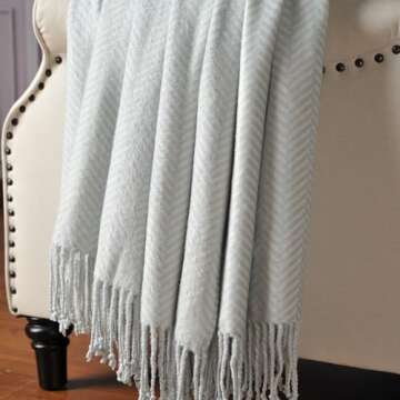 CUDDLE DREAMS Silk Throw Blanket with Hand-Knotted Fringe, Natural, Soft & Breathable (Herringbone Blue)