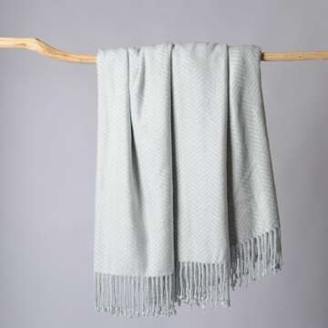 CUDDLE DREAMS Silk Throw Blanket with Hand-Knotted Fringe, Natural, Soft & Breathable (Herringbone Blue)