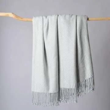 CUDDLE DREAMS Silk Throw Blanket with Hand-Knotted Fringe, Natural, Soft & Breathable (Herringbone Blue)