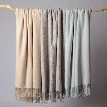 CUDDLE DREAMS Silk Throw Blanket with Hand-Knotted Fringe, Natural, Soft & Breathable (Herringbone Blue)