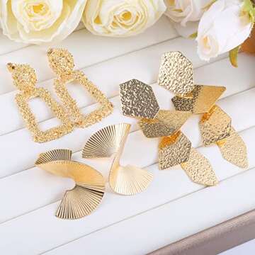 6 Pair 14K Gold Statement Earrings Set for Women, Big Large Gold Geometric Dangle Earrings Hypoallergenic Drop Earring Jewelry