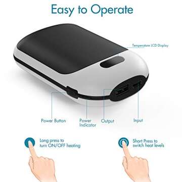 Portable Hand Warmers, 10000mAh Rechargeable Electric Hand Warmer and Power Bank, Pocket Size, Double-Sided Heating, 3 Heat Levels Up to 131℉, 12hrs Long Lasting, Winter Gift for Men Women(1-Pack)