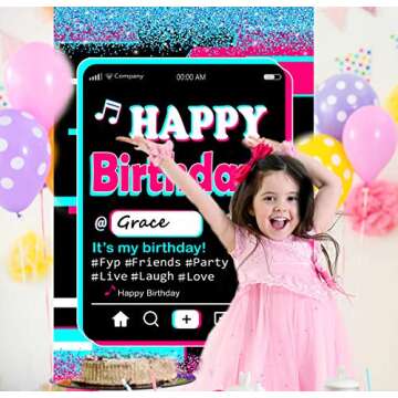 Happy Birthday Party Backdrop,Tic tok Birthday Decoration,Twinkle Pink Blue Backdrop,Musical Theme Party Supplies,Bling Pink Backdrop,Colorful Backdrop,Tic TOC Happy Birthday Banner with A Pen