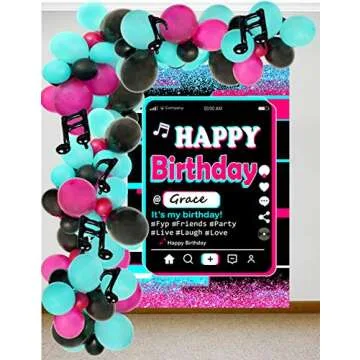 Happy Birthday Party Backdrop,Tic tok Birthday Decoration,Twinkle Pink Blue Backdrop,Musical Theme Party Supplies,Bling Pink Backdrop,Colorful Backdrop,Tic TOC Happy Birthday Banner with A Pen