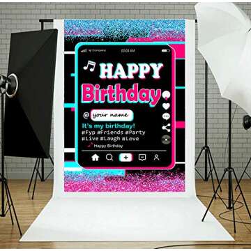 Happy Birthday Party Backdrop,Tic tok Birthday Decoration,Twinkle Pink Blue Backdrop,Musical Theme Party Supplies,Bling Pink Backdrop,Colorful Backdrop,Tic TOC Happy Birthday Banner with A Pen