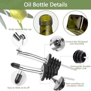 Leaflai Olive Oil Dispenser Bottle, 2 Pcs Green Glass Olive Oil Dispenser and Vinegar Dispenser Set with 2 Stainless Steel Pourers, 4 Labels,1 Brush and 1 Funnel Oil Bottles for Kitchen (500ml)