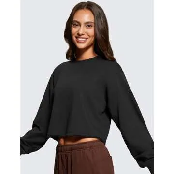 CRZ YOGA Womens Fleece Cropped Sweatshirts Crewneck Long Sleeve Double Raw Hem Workout Casual Pullover Tops Black X-Small