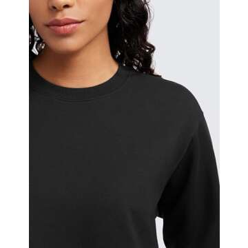 CRZ YOGA Womens Fleece Cropped Sweatshirts Crewneck Long Sleeve Double Raw Hem Workout Casual Pullover Tops Black X-Small