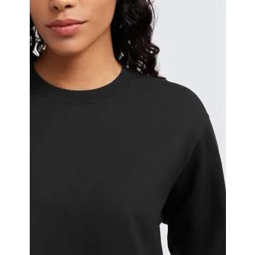 CRZ YOGA Womens Fleece Cropped Sweatshirts Crewneck Long Sleeve Double Raw Hem Workout Casual Pullover Tops Black X-Small