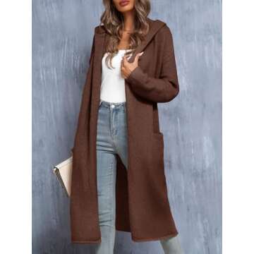 Saodimallsu Womens Oversized Long Cardigan Hooded Chunky Knit Open Front Sweaters with Pockets Brown